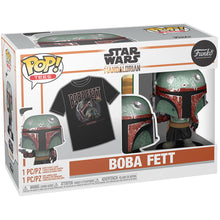 Load image into Gallery viewer, INSTOCK Star Wars: The Mandalorian Boba Fett FUNKO Pop! Vinyl Figure and Adult Black Pop! T-Shirt 2-Pack
