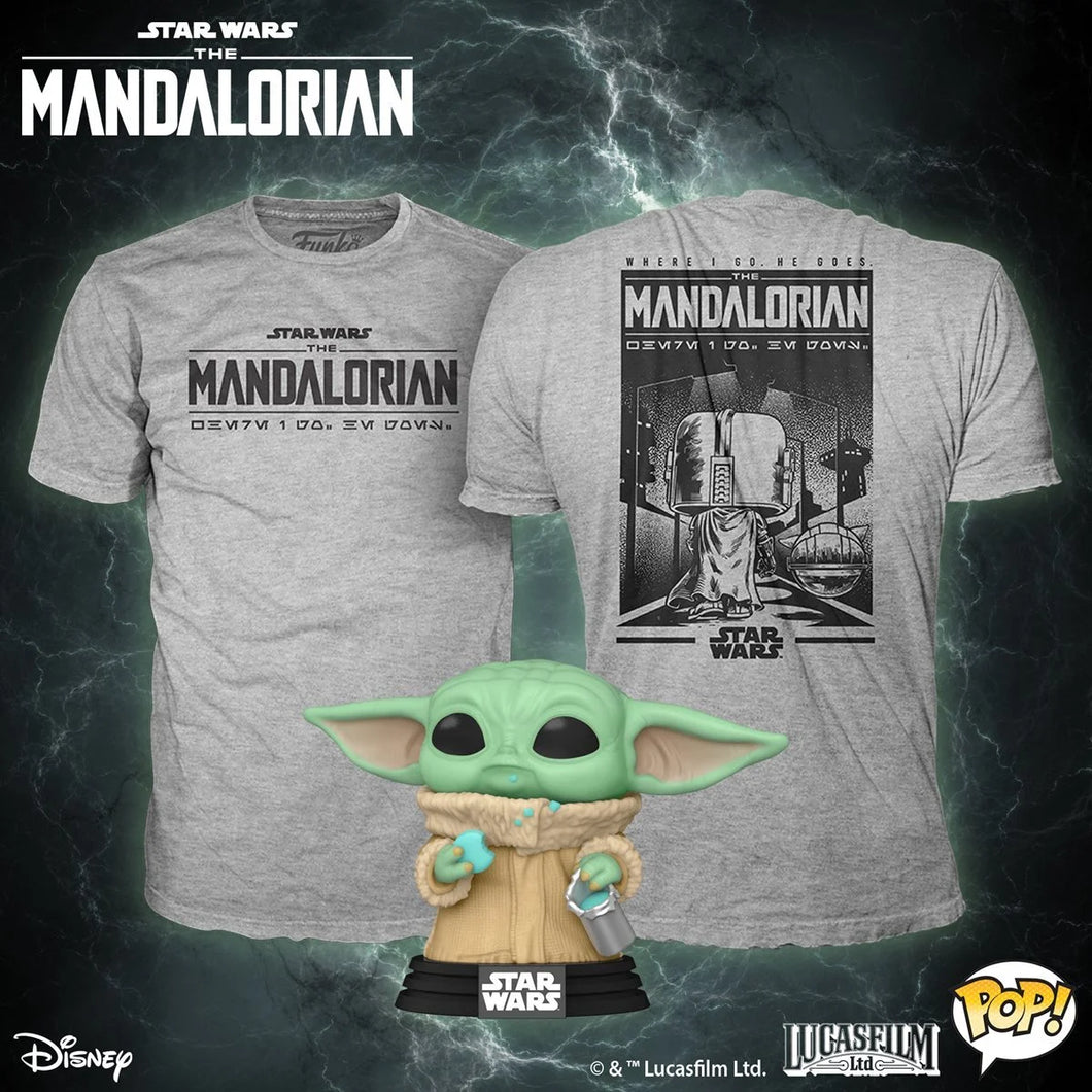 INSTOCK Star Wars: The Mandalorian Grogu with Cookie FUNKO Pop! Vinyl Figure and Adult Pop! T-Shirt 2-Pack